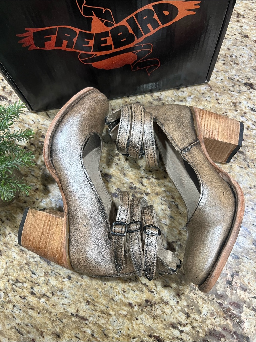 Freebird Randi Pewter/Metallic Taupe Leather Ankle Strap Block Heels 10 - Picture 6 of 13